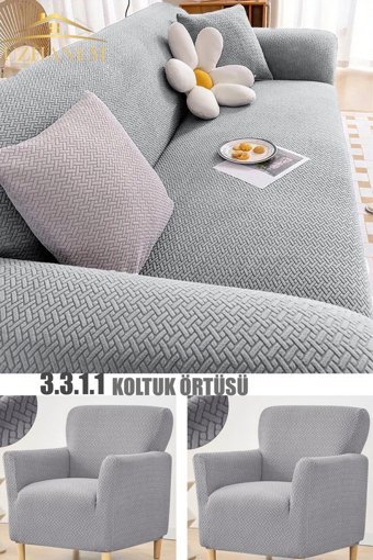 Uzhanem Pamuklu - Polyester Bürümcük-Likralı Süngerli Geometrik Desenli Giydirmeli Gri Dörtlü Koltuk Örtüsü 180x230 cm