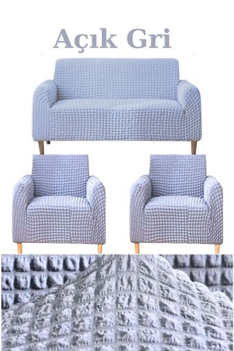 Uytm Polyester Bürümcük-Likralı Süngerli Çizgili Giydirmeli Gri Üçlü Koltuk Örtüsü 180x230 cm