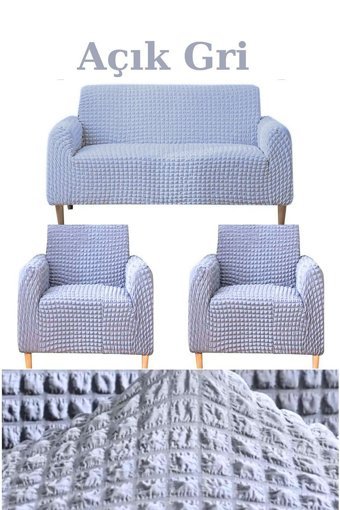 Uytm Polyester Bürümcük-Likralı Süngerli Çizgili Giydirmeli Gri Üçlü Koltuk Örtüsü 180x230 cm
