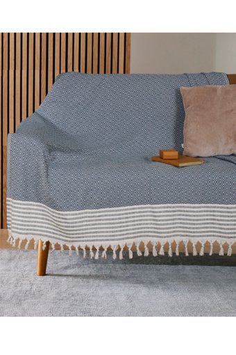 Bumedo Pamuklu Kanvas Püsküllü Süngersiz Armürlü Mavi Üçlü Koltuk Örtüsü 170x210 cm