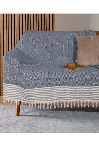 Bumedo Pamuklu Kanvas Püsküllü Süngersiz Armürlü Mavi Üçlü Koltuk Örtüsü 170x210 cm