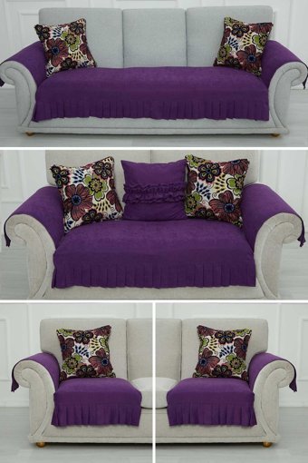 Aisha's Design KTK-9 Polyester Örgü Pileli Süngersiz Düz Mor Dörtlü Koltuk Örtüsü 34x48 cm