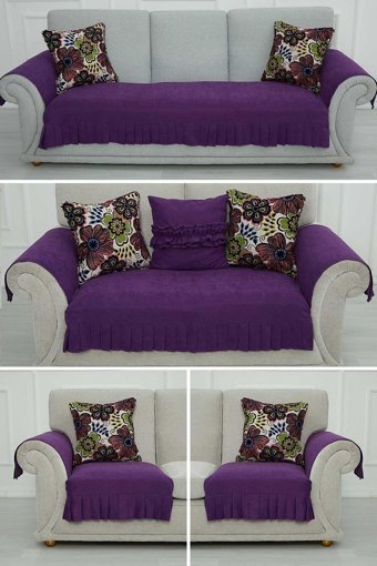 Aisha's Design KTK-9 Polyester Örgü Pileli Süngersiz Düz Mor Dörtlü Koltuk Örtüsü 34x48 cm