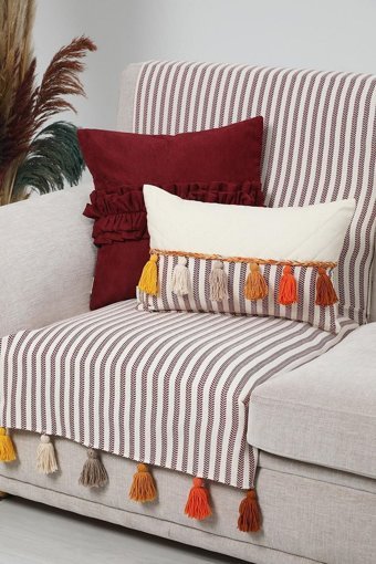 Aisha's Design Pamuklu Püsküllü Süngersiz Çizgili Tekli Koltuk Örtüsü 75x185 cm