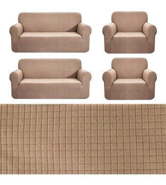 Nusret Pamuklu - Polyester Süngersiz Kareli Giydirmeli Kahverengi Dörtlü Koltuk Örtüsü 180x230 cm