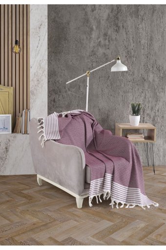 Lux Touch Bergama Pamuklu Püsküllü Süngersiz Geometrik Desenli Mor Tekli Koltuk Örtüsü 150x180 cm
