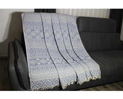 Bies Living Collection Premio Pamuklu Püsküllü Süngersiz Mavi Tekli Koltuk Örtüsü 180x240 cm