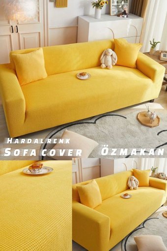 Özmakan Pamuklu - Polyester Likralı Jakarlı Süngersiz Petek Desenli Giydirmeli Hardal Üçlü Koltuk Örtüsü 180x230 cm
