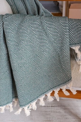 Koza Home Pamuklu - Polyester Saçaklı Süngersiz Çizgili Yeşil Tekli Koltuk Örtüsü 180x220 cm