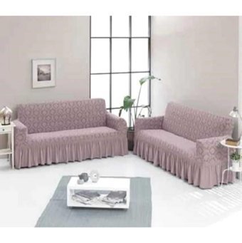 Akbu Pamuklu - Polyester Fırfırlı Süngersiz Geometrik Desenli Giydirmeli Lastikli Pembe Tekli Koltuk Örtüsü 180x215 cm