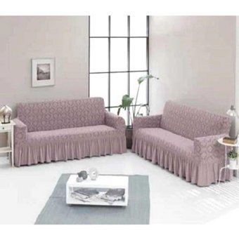 Akbu Pamuklu - Polyester Fırfırlı Süngersiz Geometrik Desenli Giydirmeli Lastikli Pembe Tekli Koltuk Örtüsü 180x215 cm