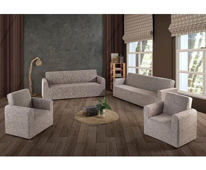 Uzhanem Pamuklu - Polyester Likralı Süngerli Çizgili Giydirmeli Kahverengi Dörtlü Koltuk Örtüsü 170x210 cm
