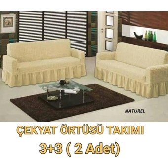 Evren Ev Tekstil Pamuklu Bürümcük Fırfırlı Süngersiz Kapitone Giydirmeli Bej İkili Koltuk Örtüsü