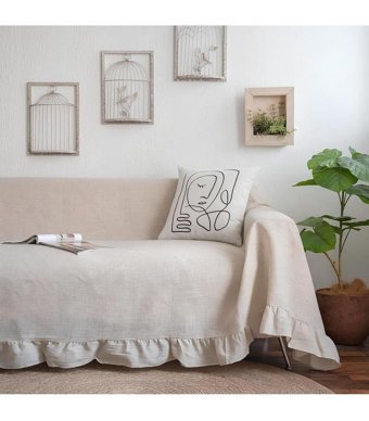 Pamukidea Pamuklu Likralı Fırfırlı Süngersiz Düz Bej Tekli Koltuk Örtüsü 180x250 cm