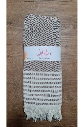 Life Line Pamuklu Saçaklı Süngersiz Çizgili Kahverengi Tekli Koltuk Örtüsü 170x301 cm