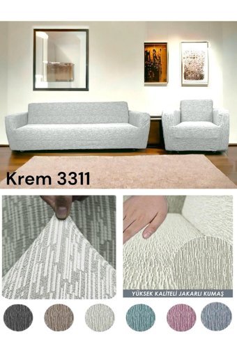 Seltenet Pamuklu Likralı Jakarlı Süngersiz Çizgili Giydirmeli Su Geçirmez Bej Üçlü Koltuk Örtüsü 230x180 cm