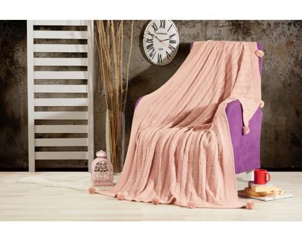 Taclove Yünlü Likralı Ponponlu Süngersiz Pembe Tekli Koltuk Örtüsü 130x170 cm