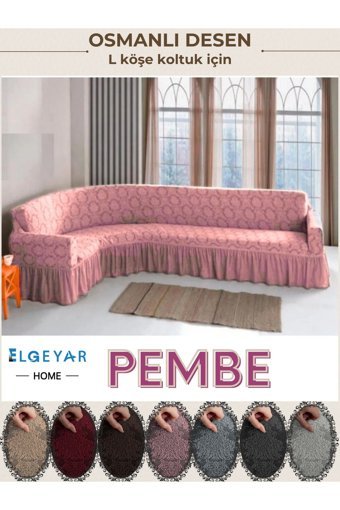 Elgeyar Pamuklu - Polyester Likralı Jakarlı Süngersiz Giydirmeli Pembe Dörtlü Koltuk Örtüsü 180x350 cm