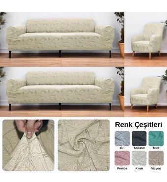 Etles Home Pamuklu - Polyester Likralı Jakarlı Süngersiz Armürlü Giydirmeli Sarı Sekizli Koltuk Örtüsü 180x230 cm