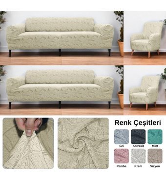 Etles Home Pamuklu - Polyester Likralı Jakarlı Süngersiz Armürlü Giydirmeli Sarı Sekizli Koltuk Örtüsü 180x230 cm