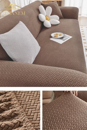 Hanemce Pamuklu - Polyester Süngersiz Tuğla Desenli Giydirmeli Bej Üçlü Koltuk Örtüsü 180x230 cm