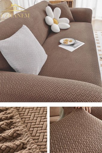 Hanemce Pamuklu - Polyester Süngersiz Tuğla Desenli Giydirmeli Bej Üçlü Koltuk Örtüsü 180x230 cm