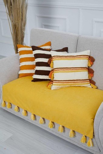 Aisha's Design KO-19-IK Polyester Örgü Püsküllü Süngersiz Düz Sarı Tekli Koltuk Örtüsü 90x155 cm