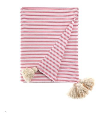 Soulmark Stripe Pamuklu Polar Ponponlu Süngersiz Çizgili Kırmızı Tekli Koltuk Örtüsü 170x220 cm