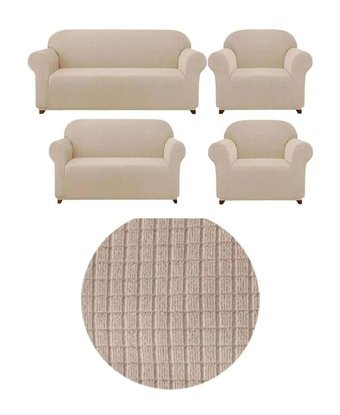 Heytgah Pamuklu - Polyester Likralı Süngersiz Düz Giydirmeli Bej 3-2-1-1 Koltuk Örtüsü 180x230 cm