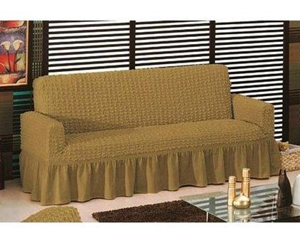 Mandaş Polyester Bürümcük Fırfırlı Süngersiz Kareli Giydirmeli Bej Tekli Koltuk Örtüsü
