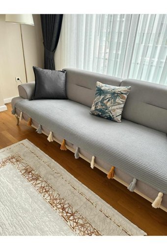 Petek Home Pamuklu Örgü Püsküllü Süngersiz Geometrik Desenli Gri Üçlü Koltuk Örtüsü 90x210 cm
