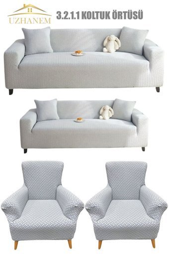 Uzhanem Polyester Bürümcük-Likralı Süngerli Geometrik Desenli Giydirmeli Gri Dörtlü Koltuk Örtüsü 180x230 cm