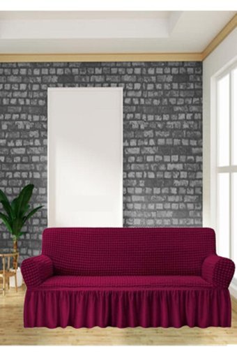 Arzuyum Polyester Bürümcük Fırfırlı Süngersiz Armürlü Giydirmeli Lastikli Bordo Tekli Koltuk Örtüsü 84x203 cm