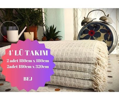 A.Z.H. Windores Pamuklu - Polyester Süngersiz Armürlü Bej Dörtlü Koltuk Örtüsü 180x320 cm