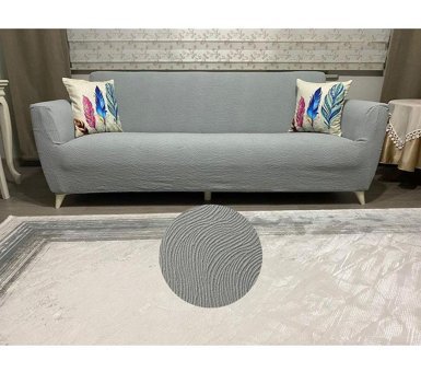 Uyumev Polyester Bürümcük-Likralı Jakarlı Süngerli Çizgili Giydirmeli Gri Tekli Koltuk Örtüsü 180x230 cm