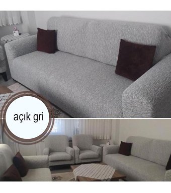 Güzelevim Polyester Jakarlı Süngersiz Kırçıllı Giydirmeli Gri 3-3-1-1 Koltuk Örtüsü 180x230 cm
