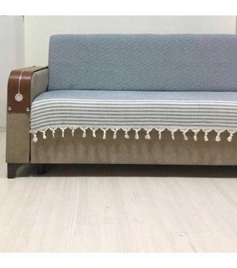 Coperta Pamuklu Kanvas Püsküllü Süngersiz Armürlü Mavi Üçlü Koltuk Örtüsü 180x220 cm