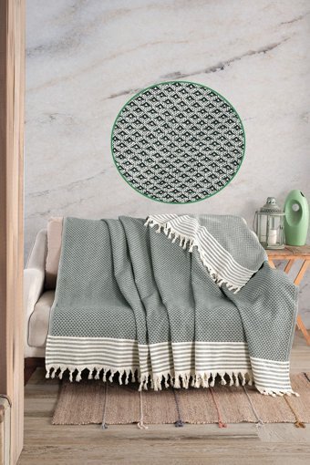Ladynil Pamuklu Saçaklı Süngersiz Düz Yeşil Tekli Koltuk Örtüsü 180x215 cm