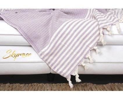 Skyrose Pamuklu Polar Saçaklı Süngersiz Çizgili Mor Tekli Koltuk Örtüsü 220x180 cm