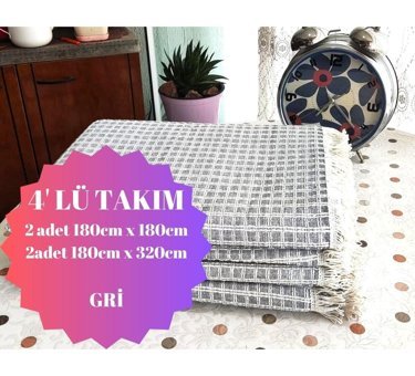 A.Z.H. Windores Pamuklu - Polyester Süngersiz Armürlü Gri Dörtlü Koltuk Örtüsü 180x320 cm