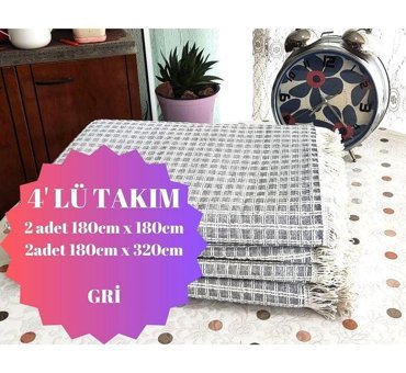 A.Z.H. Windores Pamuklu - Polyester Süngersiz Armürlü Gri Dörtlü Koltuk Örtüsü 180x320 cm