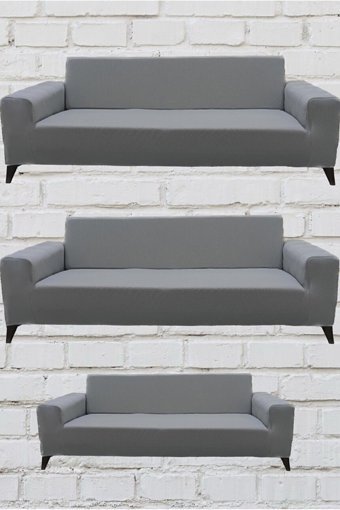 Şahane Ev Mikro Polyester Likralı Jakarlı Süngersiz Düz Giydirmeli Lastikli Gri Üçlü Koltuk Örtüsü 55x13 cm