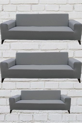 Şahane Ev Mikro Polyester Likralı Jakarlı Süngersiz Düz Giydirmeli Lastikli Gri Üçlü Koltuk Örtüsü 55x13 cm