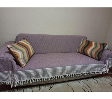 Şener Home Pamuklu Polar Saçaklı Süngersiz Çizgili Mor Tekli Koltuk Örtüsü 170x301 cm