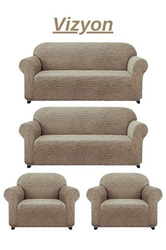 Heytgah Jakarlı Süngersiz Kırçıllı Giydirmeli Vizon 3-3-1-1 Koltuk Örtüsü 180x230 cm