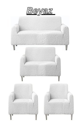 E Bahar Polyester Bürümcük Jakarlı Süngersiz Armürlü Giydirmeli Beyaz Yedili Koltuk Örtüsü 180x230 cm