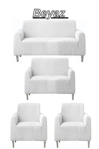 E Bahar Polyester Bürümcük Jakarlı Süngersiz Armürlü Giydirmeli Beyaz Yedili Koltuk Örtüsü 180x230 cm