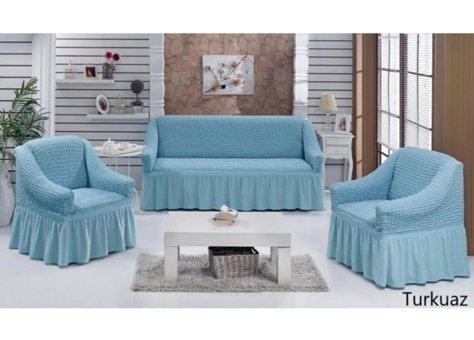 Karna Home Pamuklu Bürümcük Fırfırlı Süngersiz Kareli Giydirmeli Turkuaz Beşli Koltuk Örtüsü 210x240 cm