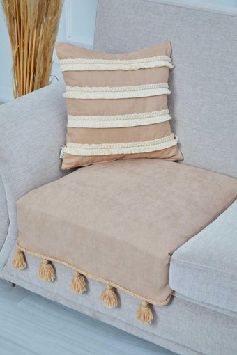 Aisha's Design KO-26-T Polyester Örgü Püsküllü Süngersiz Düz Vizon Tekli Koltuk Örtüsü 90x75 cm
