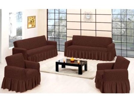 Lady Bella Elite Home Style Pamuklu Bürümcük Fırfırlı Süngersiz Kareli Giydirmeli Kahverengi Dörtlü Koltuk Örtüsü 100x230 cm